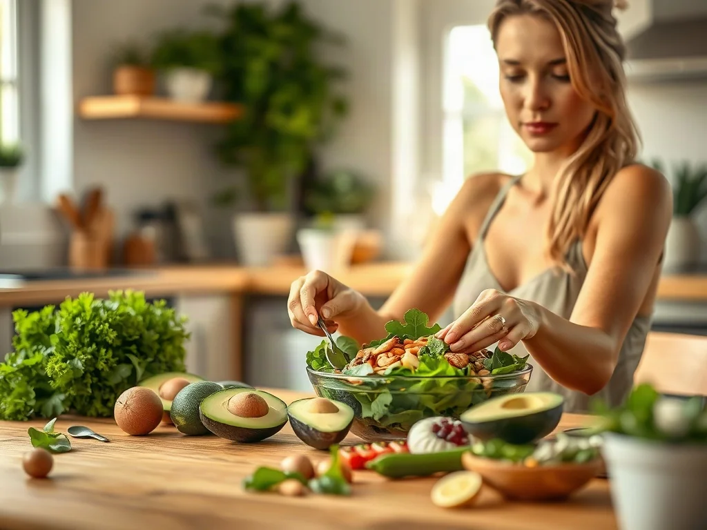 Kobieta przygotowuje zdrową sałatkę z awokado i orzechami w jasnej kuchni, obrazując zasady diety low carb.