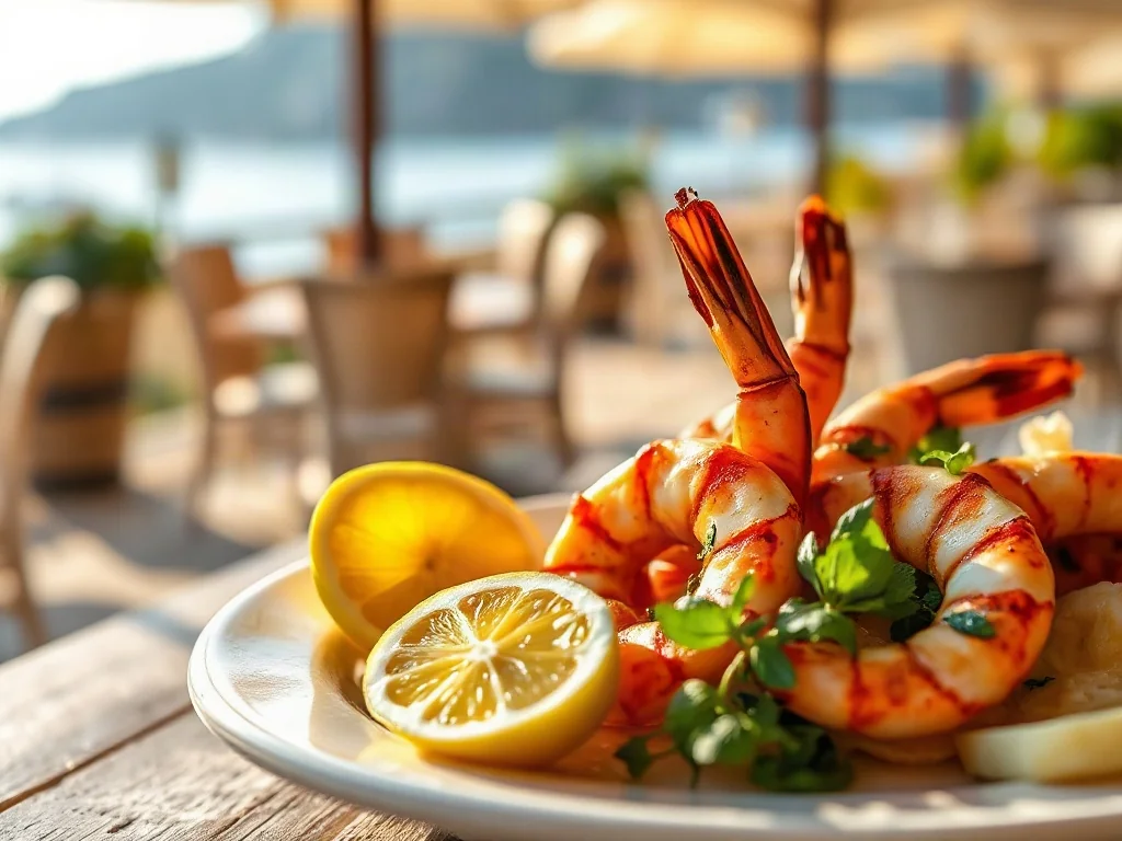 Apetyczne grillowane krewetki z ziołami i cytryną na talerzu w słonecznej scenerii restauracji nad morzem.