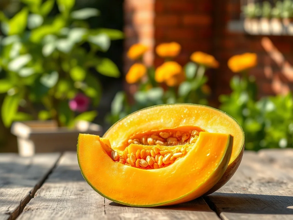 Soczysty, pokrojony melon kantalupa z pomarańczowym miąższem na rustykalnym drewnianym stole w słonecznym ogrodzie.