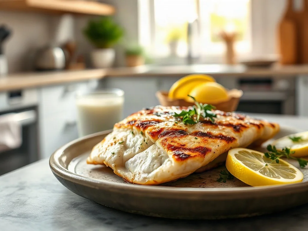 Apetyczny filet z grillowanej tilapii z ziołami i cytryną podany na rustykalnym talerzu w słonecznej kuchni.