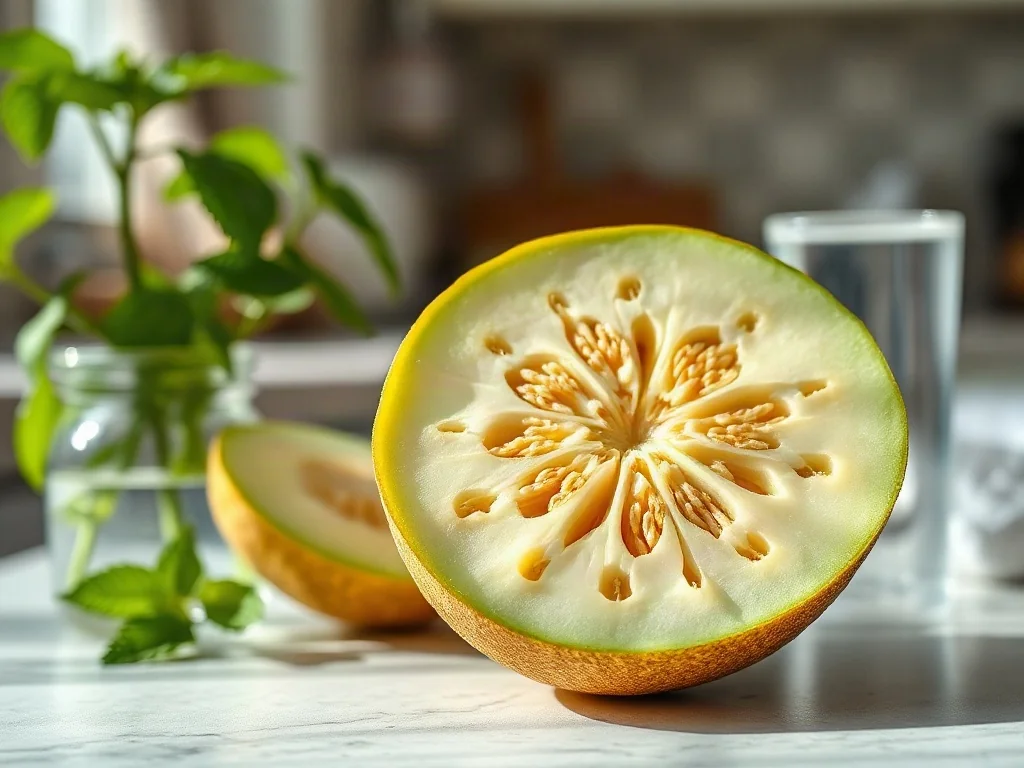 Przekrojony melon galia z widocznym miąższem i charakterystyczną skórką na słonecznym kuchennym blacie.